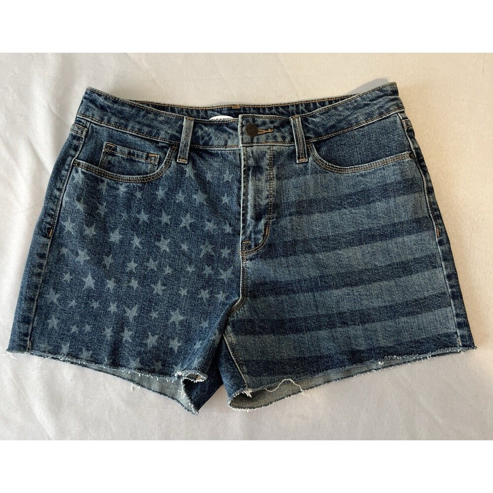 Old Navy Secret Slim Blue Pockets Stars Stripes Raw Hem Denim Shorts Sz 10